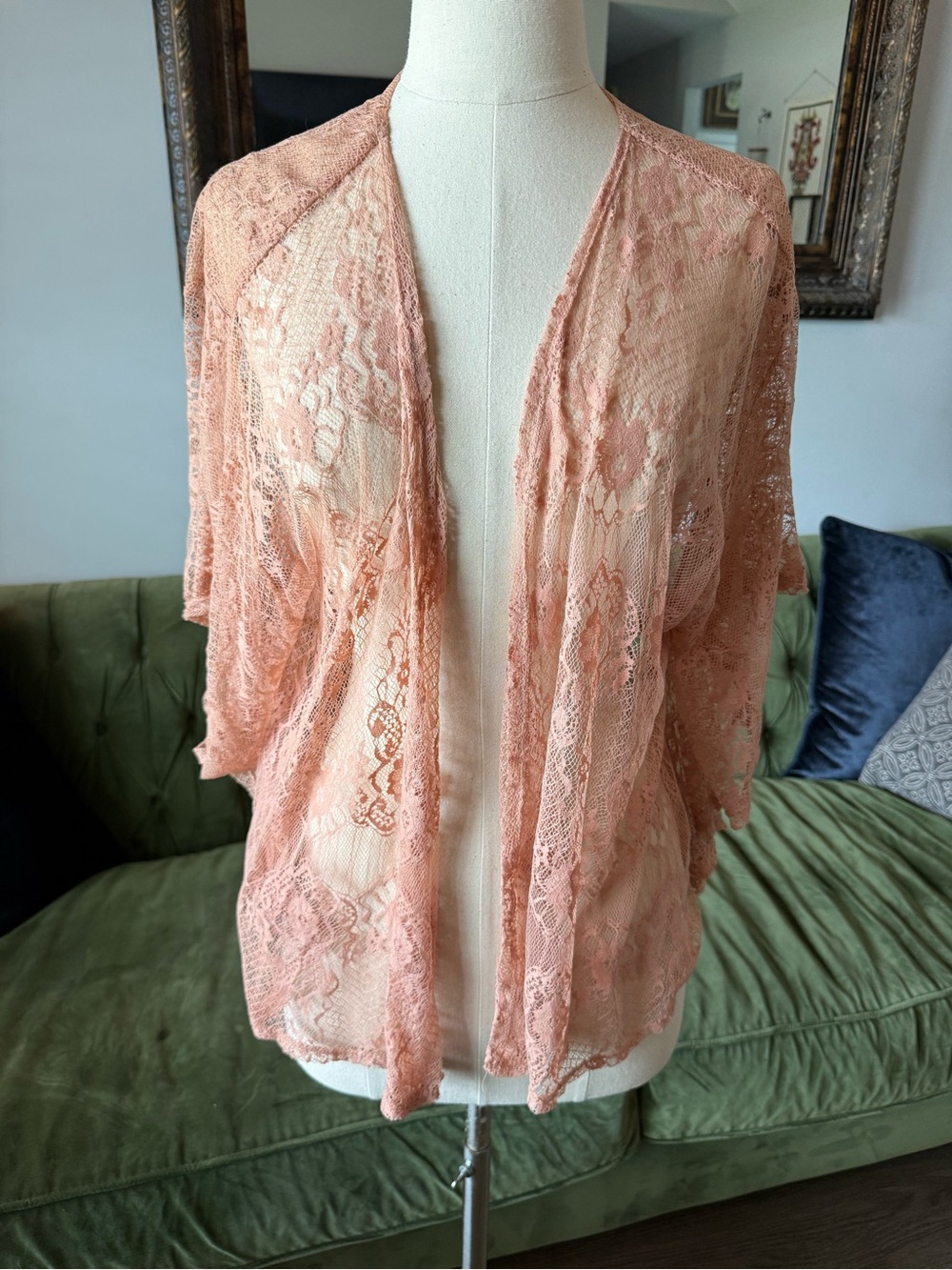 Peach Lace Open-Front Kimono Cardigan